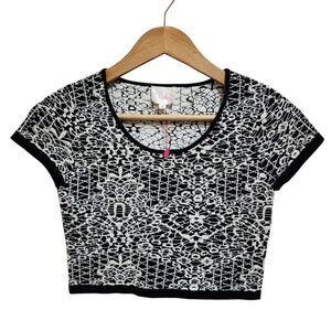 Parker Nina Knit Top Womens Sz M Black White Jacquard Crop Stretch Short Sleeve